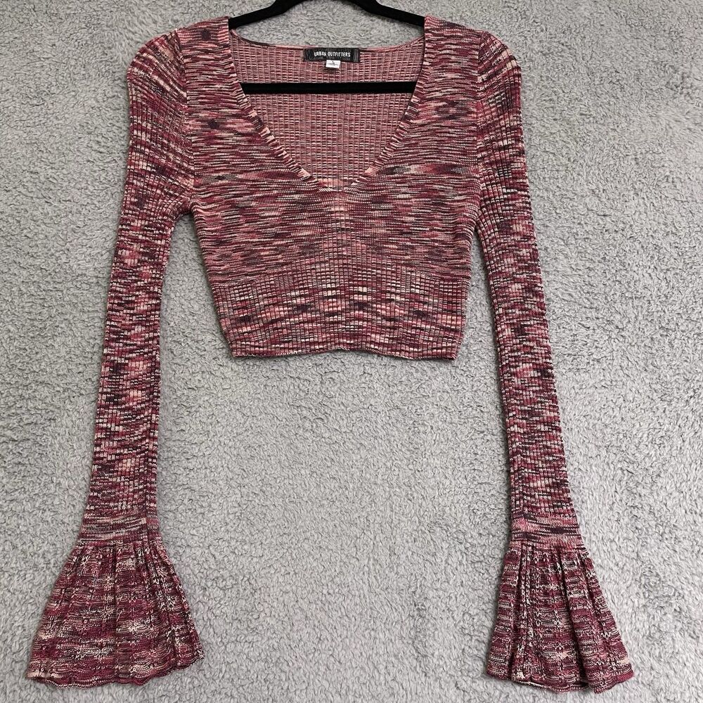 Urban Outfitters Bell Sleeve Ribbed Knit Top Size Large CROP Long Sleeve - Picture 2 of 9
